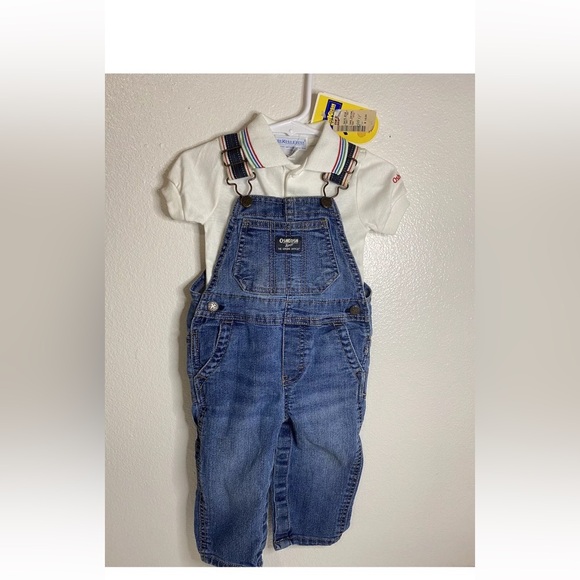 Vintage Oshkosh B Gosh White Polo w/ Matching Vest Back Overall Size 12 Months - Picture 1 of 9
